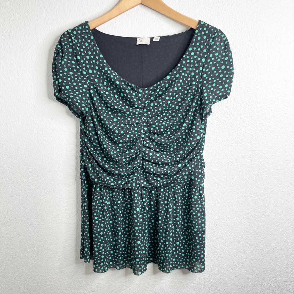 Anthropologie Postmark Polka Dot Ruched Peplum Blouse Green Black Short Sleeve L